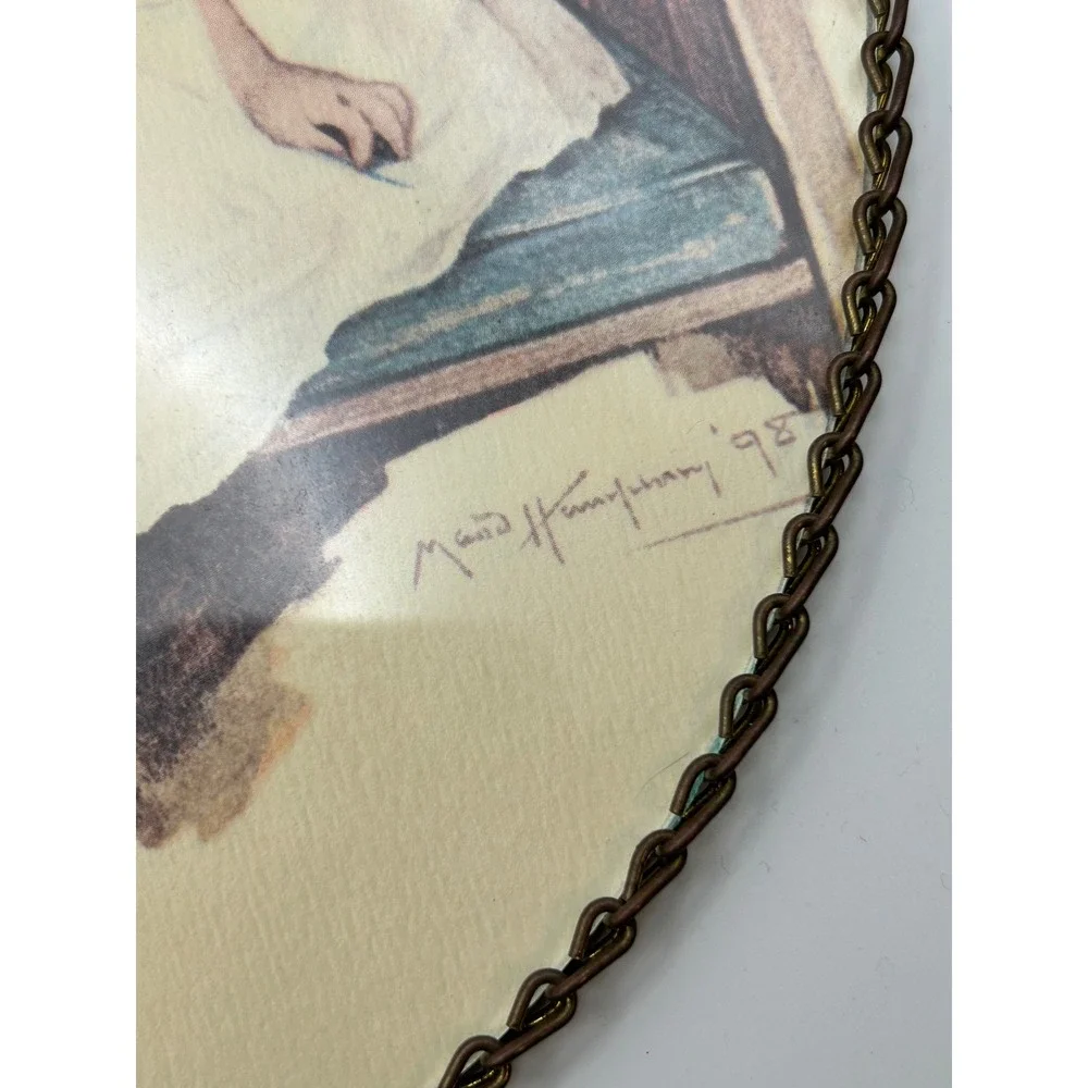 Vintage Maud Humphrey 98 Oval Metal Wall Hanging Picture Girl in Church 11x8.5